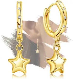 Gold Star Earrings for Teen Girls Women - Sterling Silver Stars Hoop Earrings Hypoallergenic Cubic Zirconia Star Shaped Earrings Lightweight Loop Earring Gifts for Daughter Granddaughter Christmas