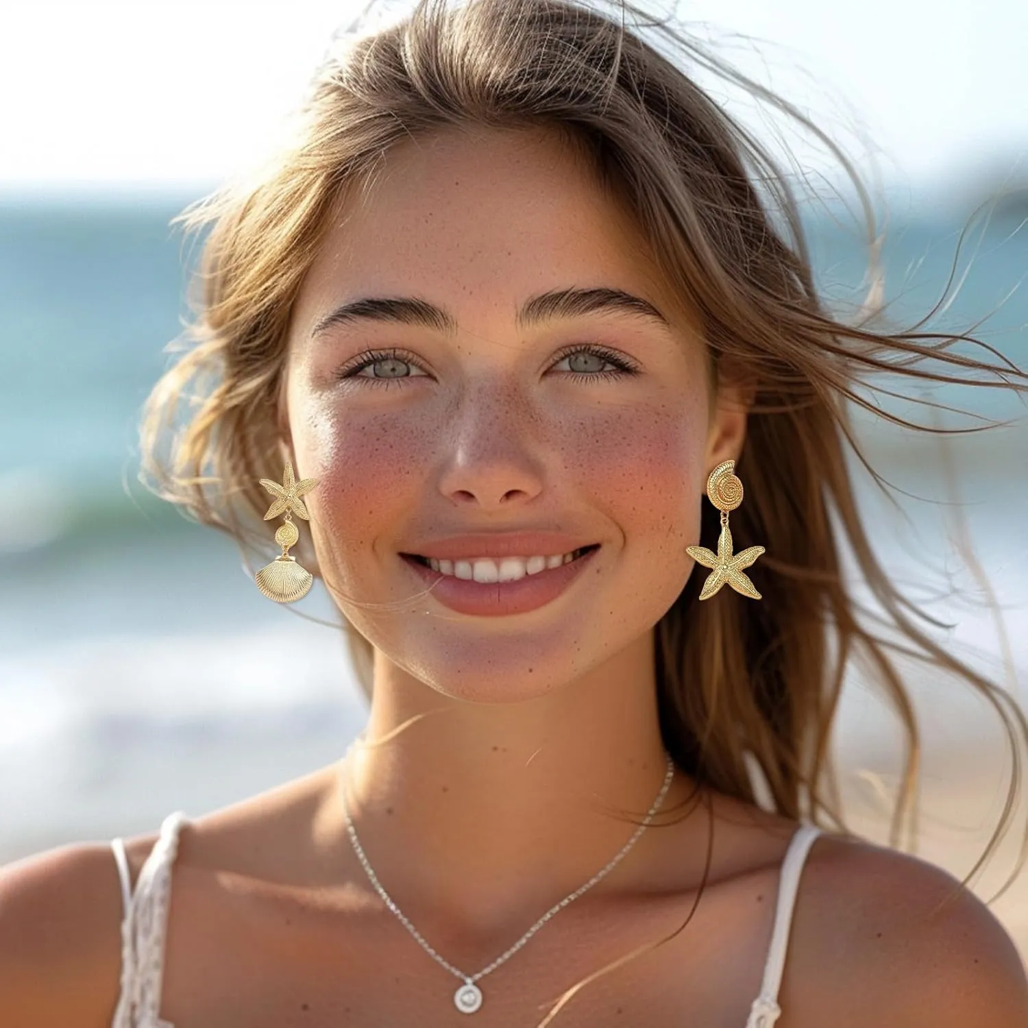 Gold Starfish Earrings Seashell Shell Earrings Dangle Summer Beach Jewelry for Women 2025 Summer Dress Outfits Trendy