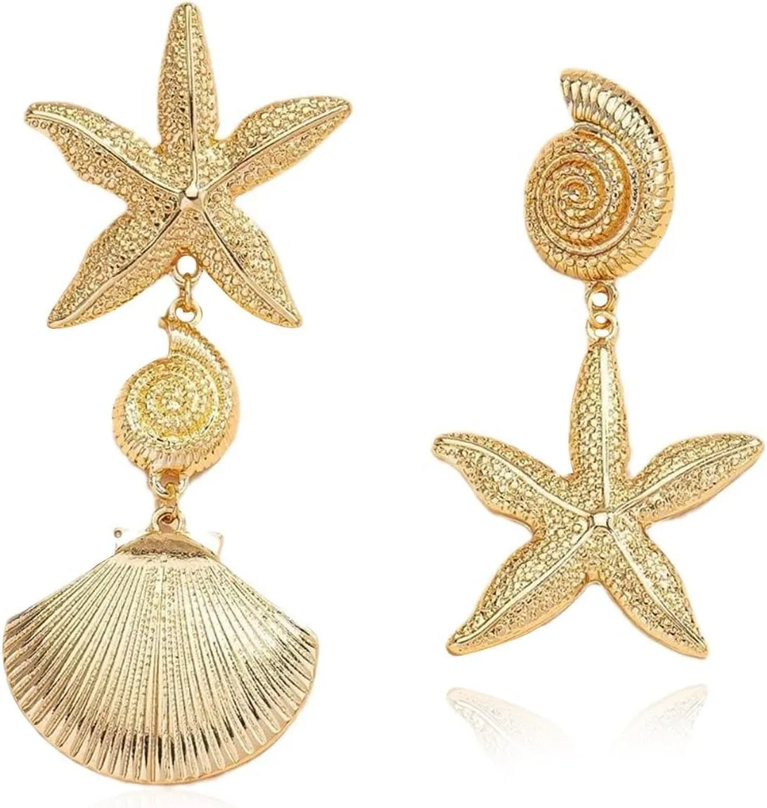 Gold Starfish Earrings Seashell Shell Earrings Dangle Summer Beach Jewelry for Women 2025 Summer Dress Outfits Trendy