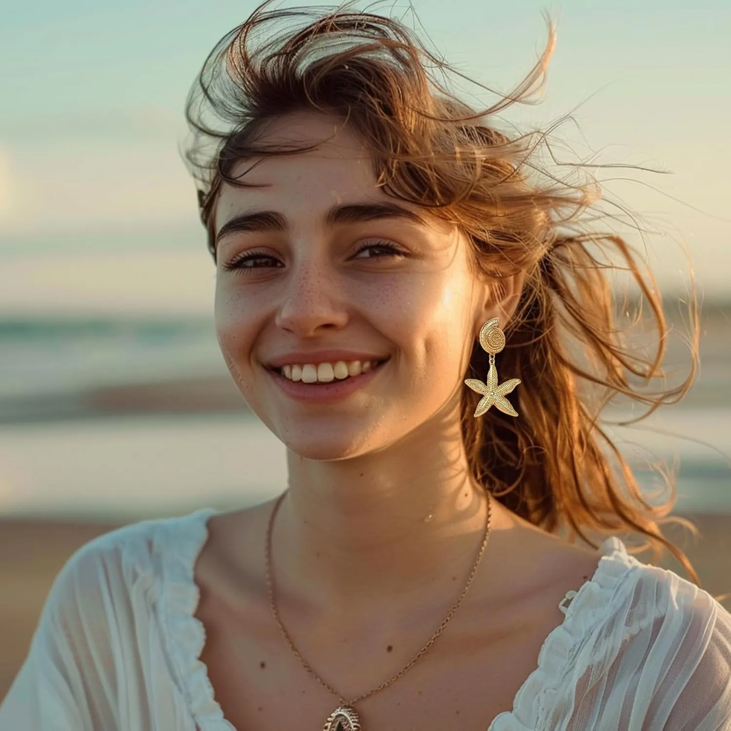 Gold Starfish Earrings Seashell Shell Earrings Dangle Summer Beach Jewelry for Women 2025 Summer Dress Outfits Trendy