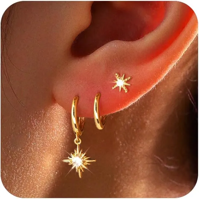 Gold/Silver Hoop Earrings Set for Women Stackable Earrings 14K Gold/Sterling Silver Plated Huggie Cartilage Earring Stud Earrings Sets for Multiple Cubic Zirconia Earrings Dainty Trendy On Jewelry