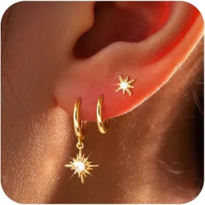 Gold/Silver Hoop Earrings Set for Women Stackable Earrings 14K Gold/Sterling Silver Plated Huggie Cartilage Earring Stud Earrings Sets for Multiple Cubic Zirconia Earrings Dainty Trendy On Jewelry