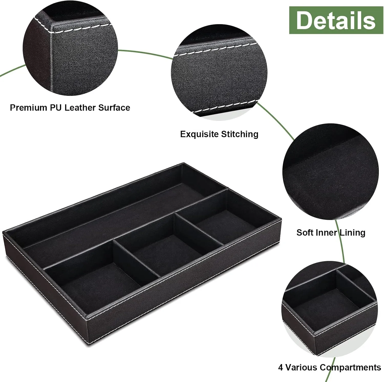 GORESE 2 Pieces Faux Leather Valet Tray for Men, Stackable Jewelry Organizer for Drawers, Nightstand Caddy Tray for Key, Wallet, Sunglass, Watch, Coin, Phone, Bedside Desk-top Storage Black