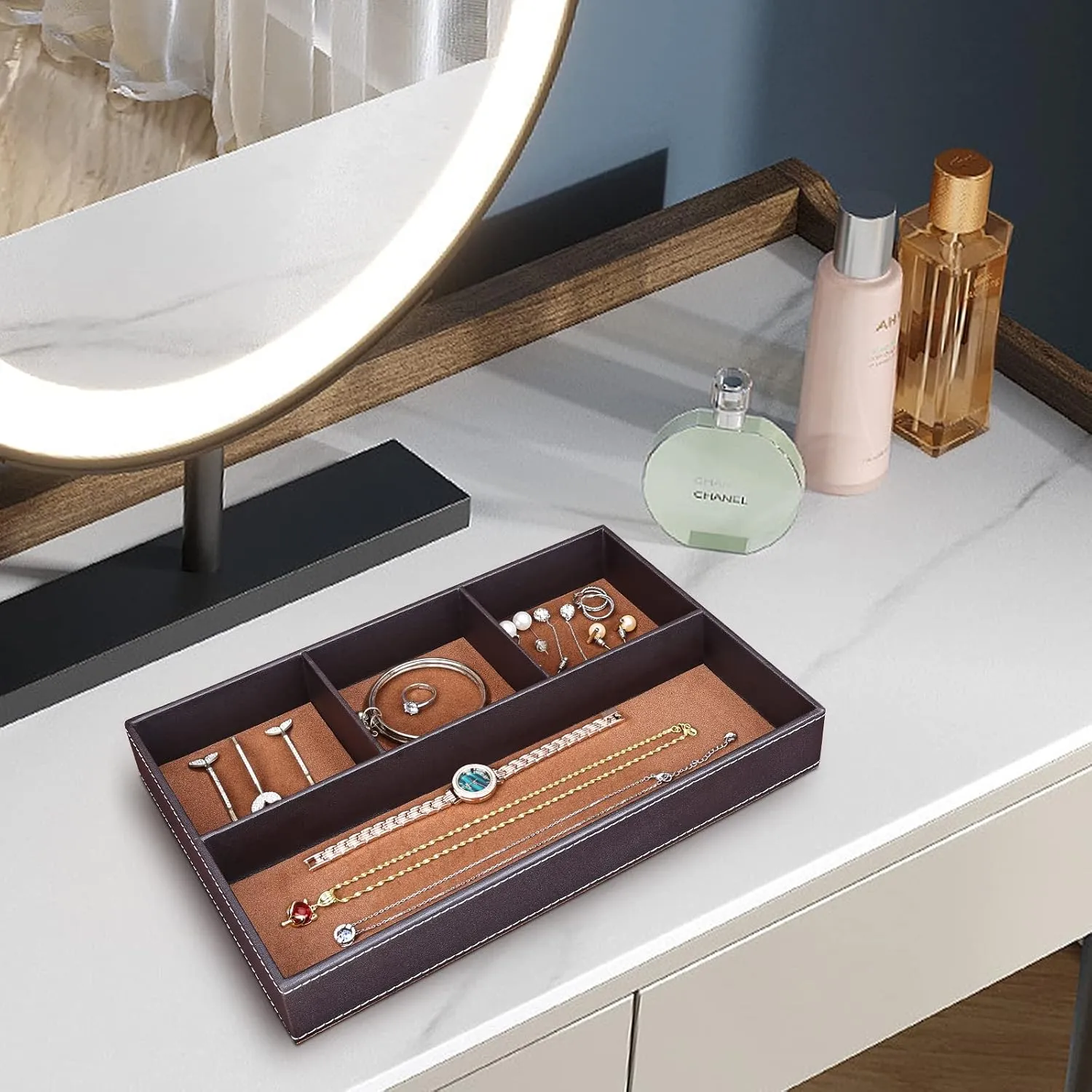 GORESE Faux Leather Valet Tray for Men, Stackable Jewelry Organizer for Drawers Inserts, Nightstand Caddy Tray for Key, Wallet, Sunglass, Watch, Coin, Phone, Bedside Desktop Storage Brown