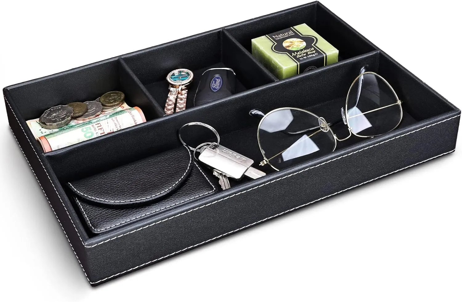 GORESE Faux Leather Valet Tray for Men, Stackable Jewelry Trays Drawer Organizer Tray Nightstand Organizer for Men, EDC Tray for Key, Wallet, Sunglass, Watch, Coin, Phone, Cologne - Black