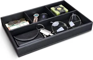 GORESE Faux Leather Valet Tray for Men, Stackable Jewelry Trays Drawer Organizer Tray Nightstand Organizer for Men, EDC Tray for Key, Wallet, Sunglass, Watch, Coin, Phone, Cologne - Black