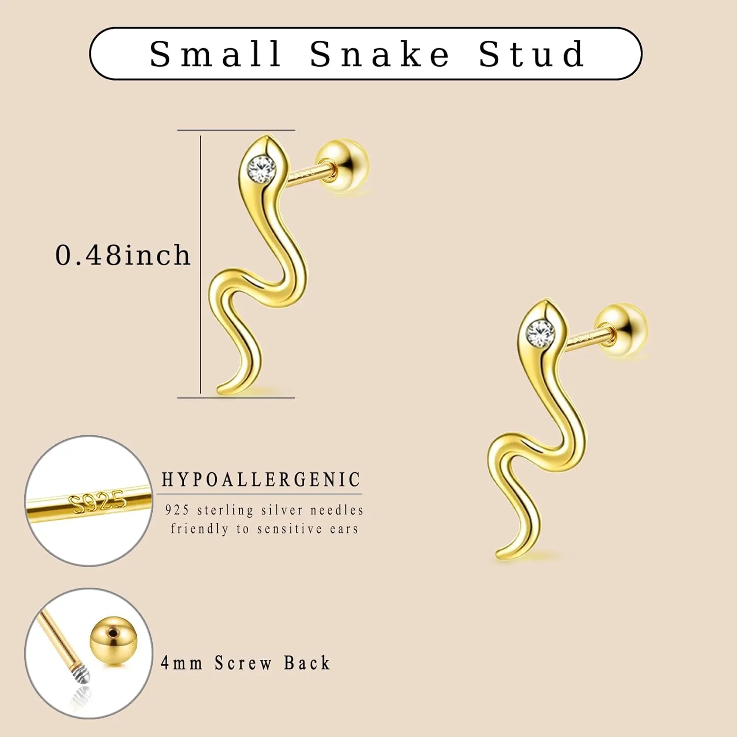 Gothic Gold Snake Earrings for Women, Hypoallergenic 14K Gold Plated Goth Snake Shaped Clip On Earrings