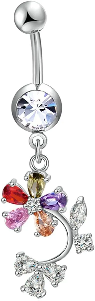 Gualiy Belly Button Rings For Women Surgical Steel Flower with Colorful Cubic Zirconia Navel Rings For Women