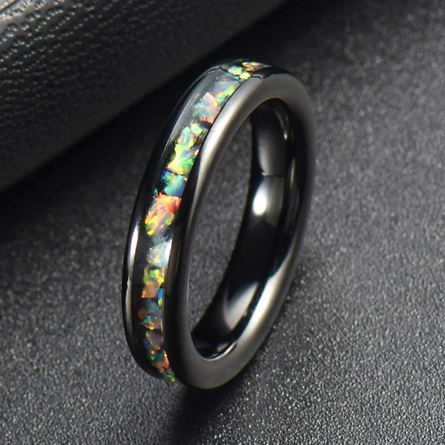 Gualiy Stainless Steel Rings Set, Couple Ring Set 4mm Black Ring Inlay Colorful Shell Size 6-12