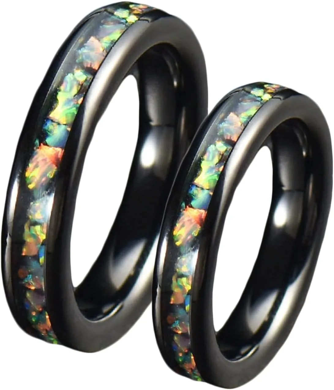 Gualiy Stainless Steel Rings Set, Couple Ring Set 4mm Black Ring Inlay Colorful Shell Size 6-12