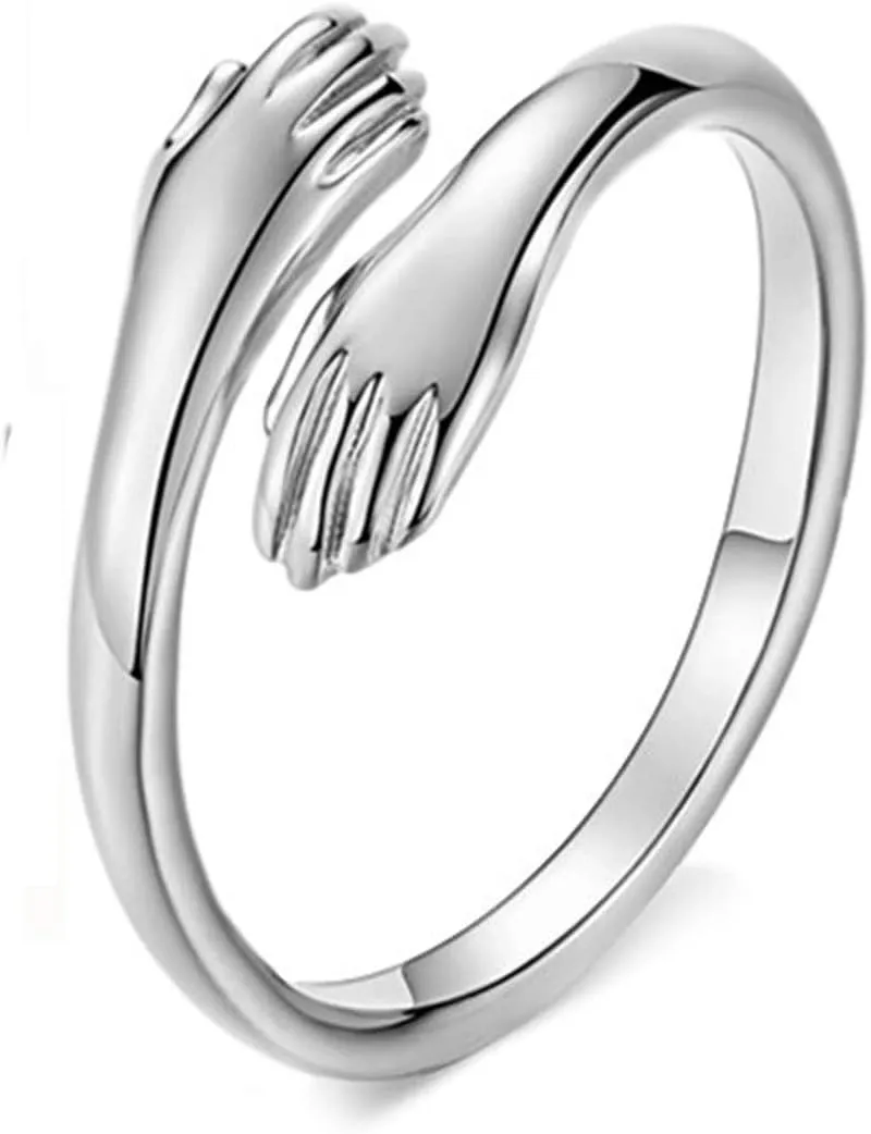 GULICX 925 Sterling Silver Hug Rings for Women, Adjustable Solid Vintage Silver Thumb Ring, Unisex Resizable Silver Hugging Hands Open Promise Ring Jewelry Hug Hands Mens Rings Couples Wedding Bands