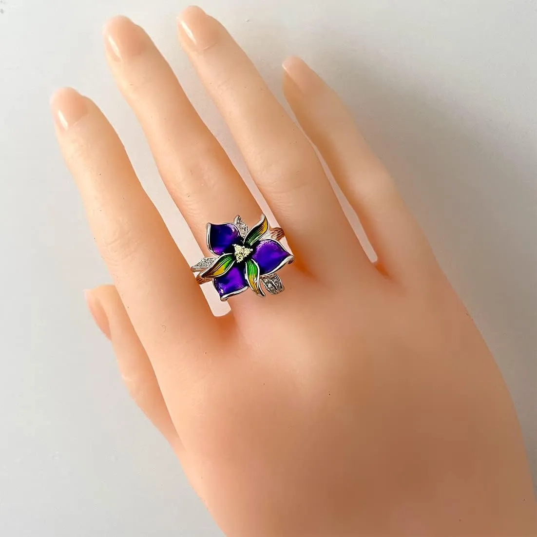 HAIXIAN Colorful Enamel Flower Ring for Women,Platinum Plated Resin Floral Cocktail Party Statement Ring Jewelry Gift for Her