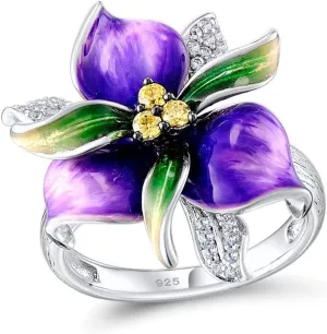 HAIXIAN Colorful Enamel Flower Ring for Women,Platinum Plated Resin Floral Cocktail Party Statement Ring Jewelry Gift for Her