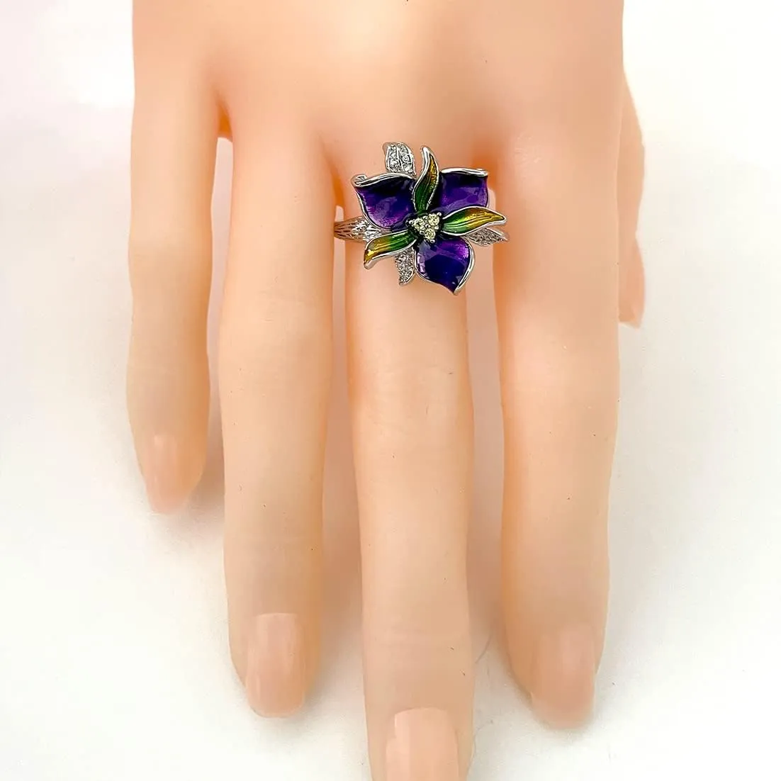 HAIXIAN Colorful Enamel Flower Ring for Women,Platinum Plated Resin Floral Cocktail Party Statement Ring Jewelry Gift for Her