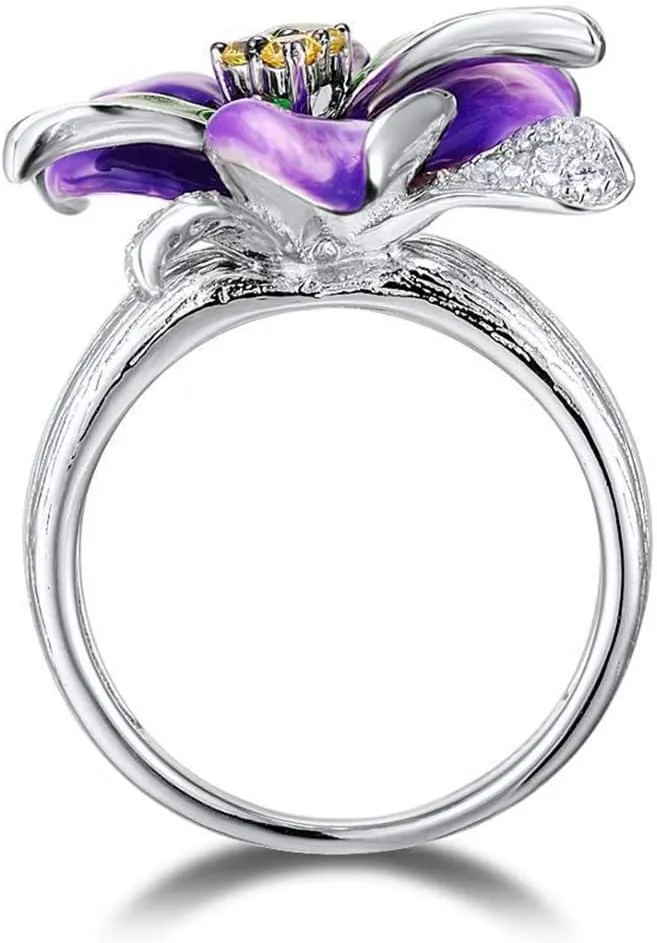 HAIXIAN Colorful Enamel Flower Ring for Women,Platinum Plated Resin Floral Cocktail Party Statement Ring Jewelry Gift for Her
