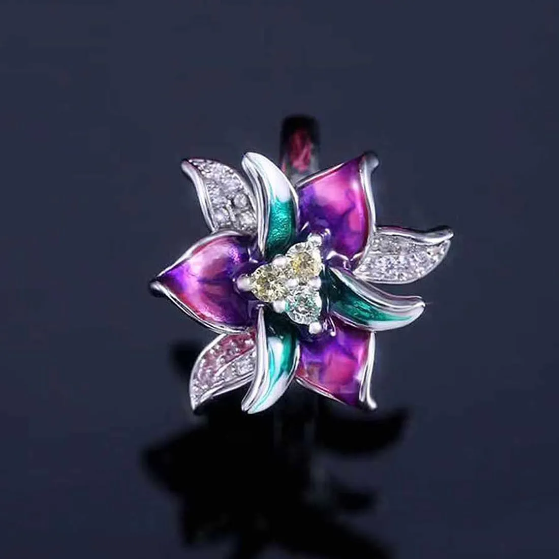 HAIXIAN Colorful Enamel Flower Ring for Women,Platinum Plated Resin Floral Cocktail Party Statement Ring Jewelry Gift for Her