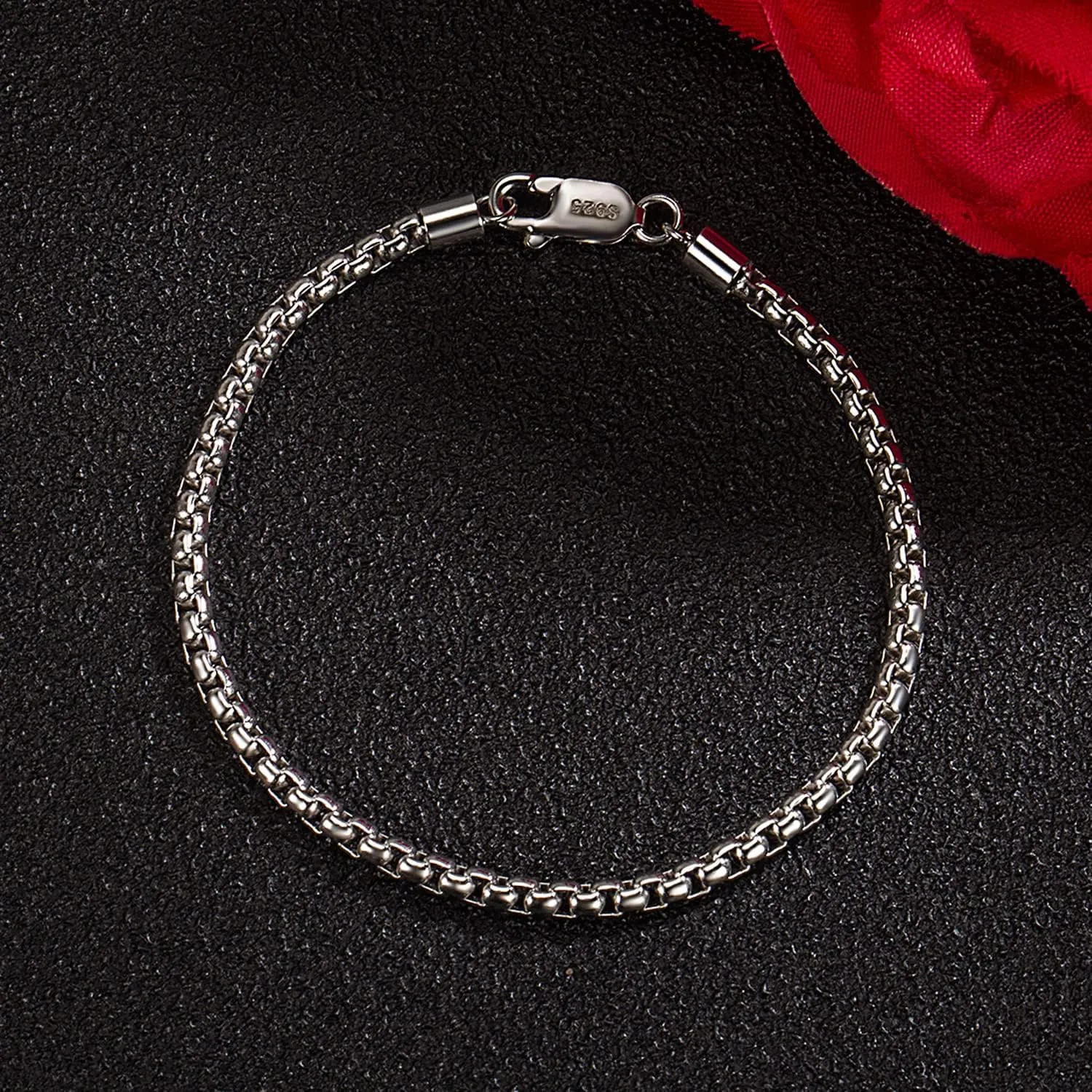 H&Beautimer Solid 925 Sterling Silver - Classic Men's 3MM Box Chain Bracelet - Original Silver Party Jewelry Bracelet 6.3-6.7-7-7.5-8-8.5-9'' - Handmade in Italy