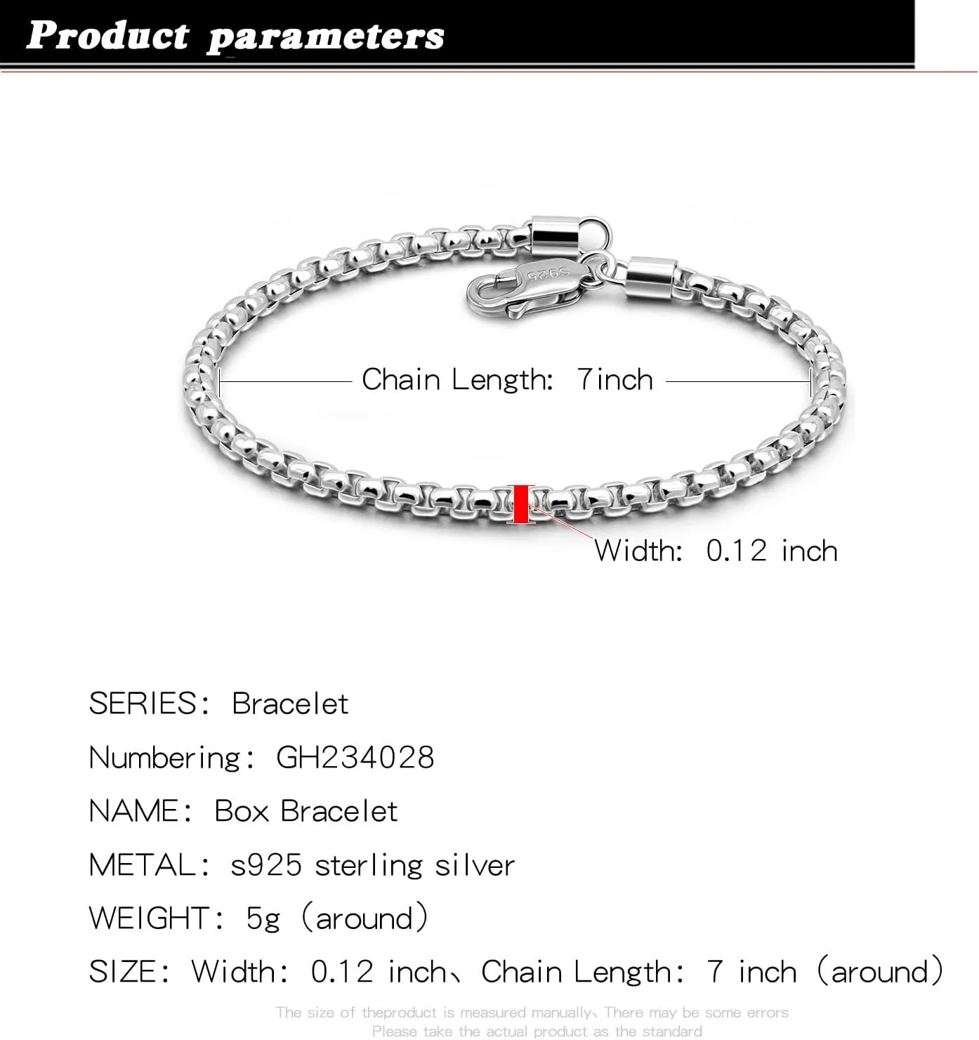 H&Beautimer Solid 925 Sterling Silver - Classic Men's 3MM Box Chain Bracelet - Original Silver Party Jewelry Bracelet 6.3-6.7-7-7.5-8-8.5-9'' - Handmade in Italy