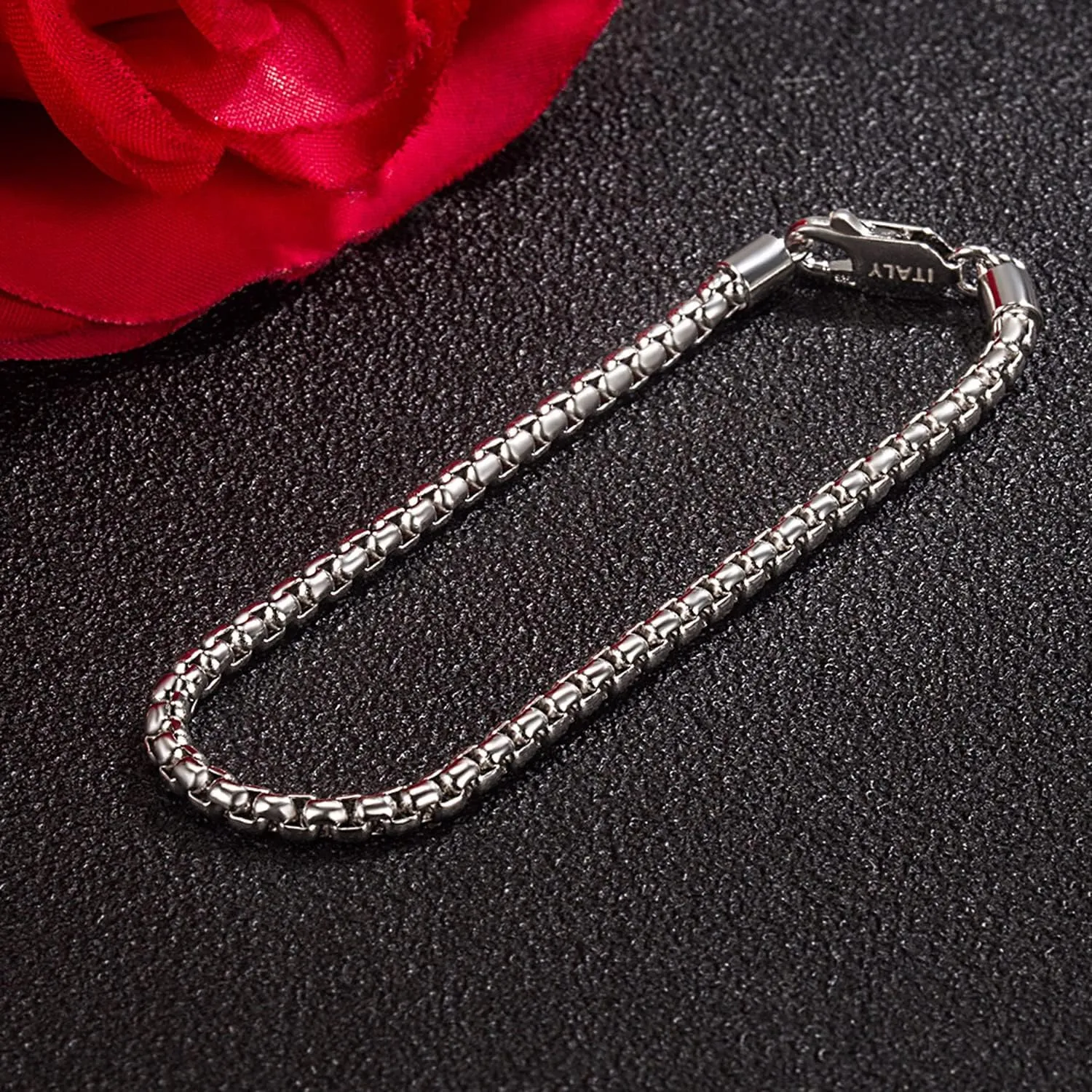 H&Beautimer Solid 925 Sterling Silver - Classic Men's 3MM Box Chain Bracelet - Original Silver Party Jewelry Bracelet 6.3-6.7-7-7.5-8-8.5-9'' - Handmade in Italy