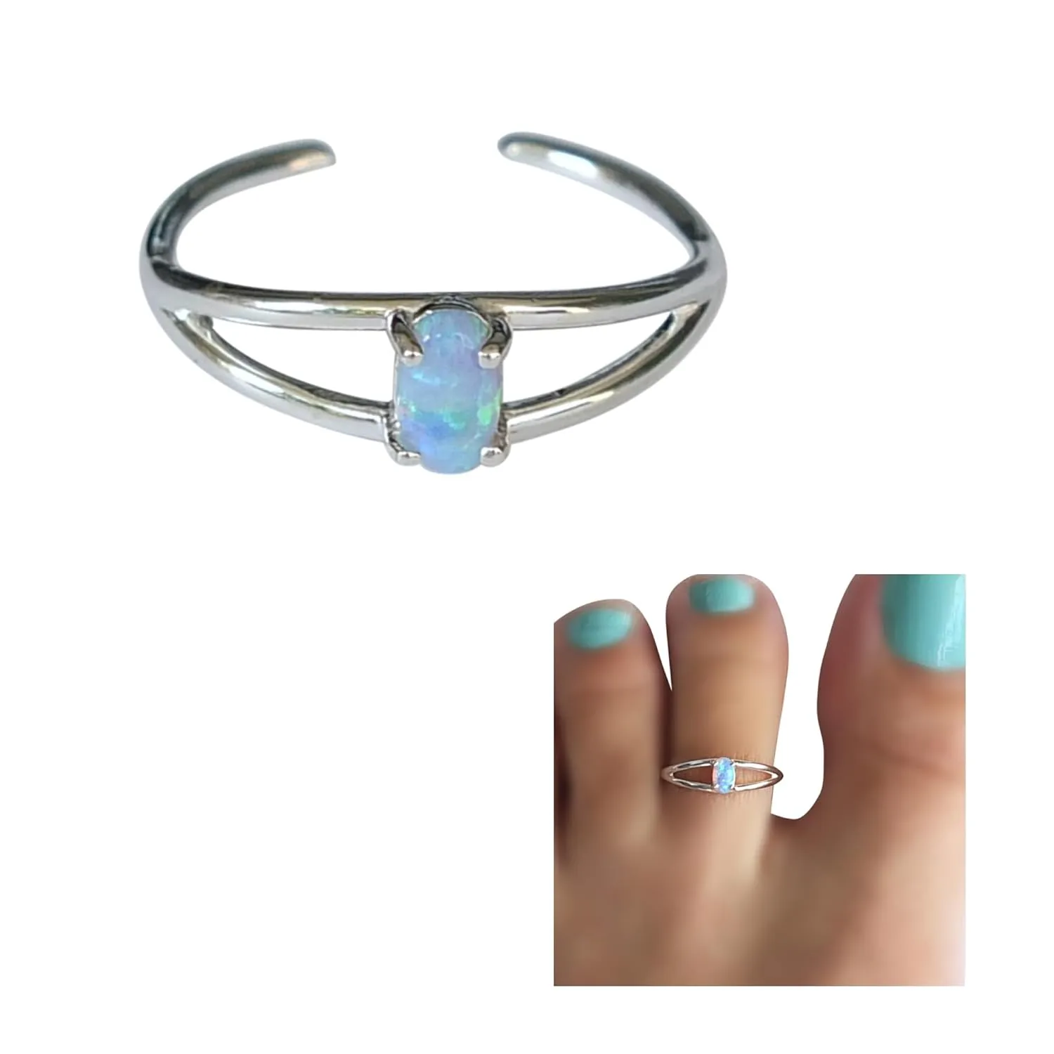 Handmade Silver & Oval 5x3mm Blue Opal Gemstone Adjustable Toe Ring, 925 Sterling Silver, Double Band 2 Row Classic Stone Toe, Pinky or Knuckle Rings for Women, By MiYa Jewelry Creations