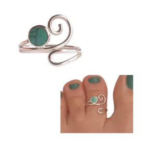 Handmade Silver Swirl & 5mm Turquoise Gemstone Wrap Band Adjustable Toe Ring, 925 Sterling Silver, Classic Dainty Open Toe, Pinky or Knuckle Rings for Women, By MiYa Jewelry Creations