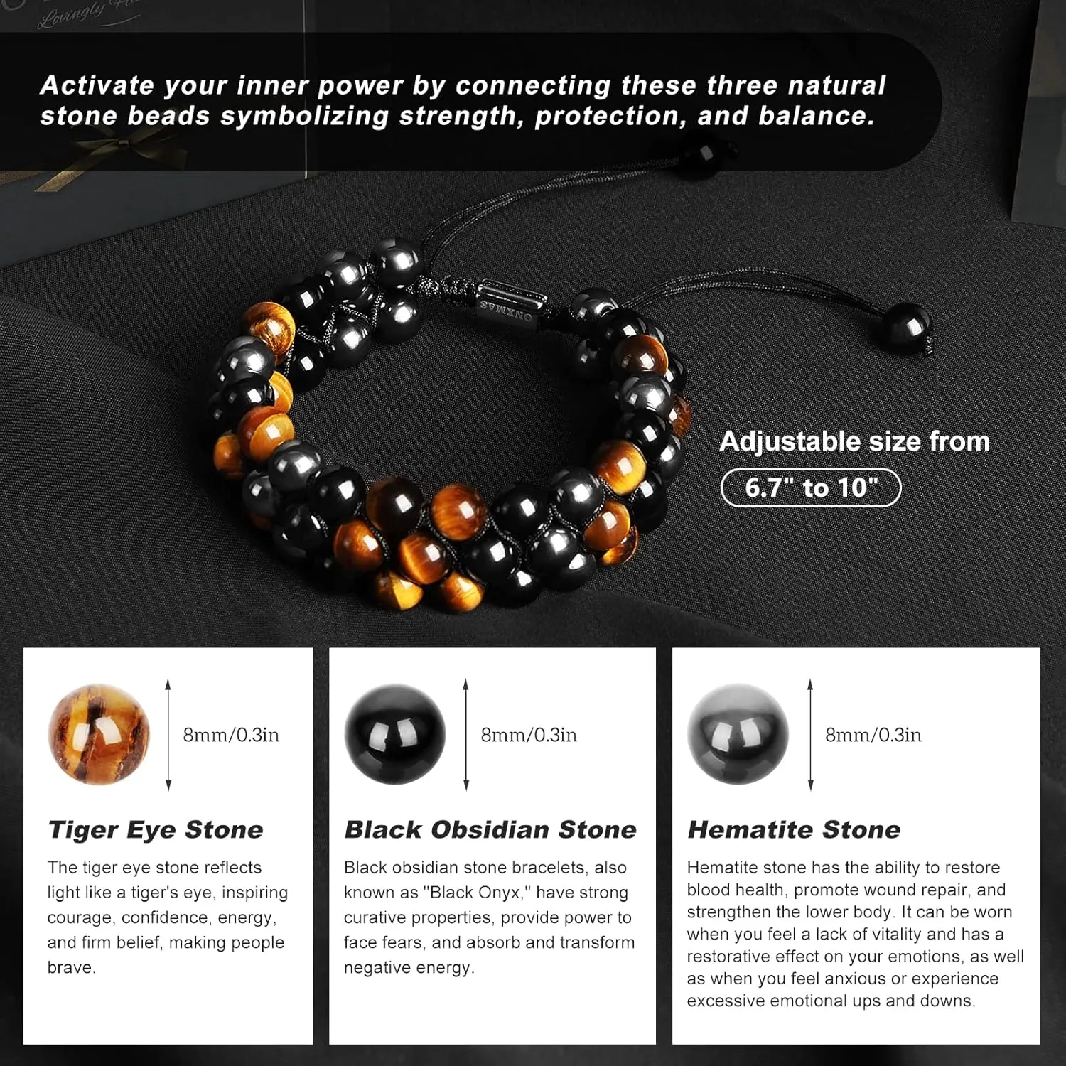 Handmade Triple Protection Bracelet for Men Women, Christmas Gifts for Dad Boyfriend Husband,Healing Crystal Beaded Bracelets Jewelry,Stocking Stuffers for Him, Birthday Anniversary Ideas