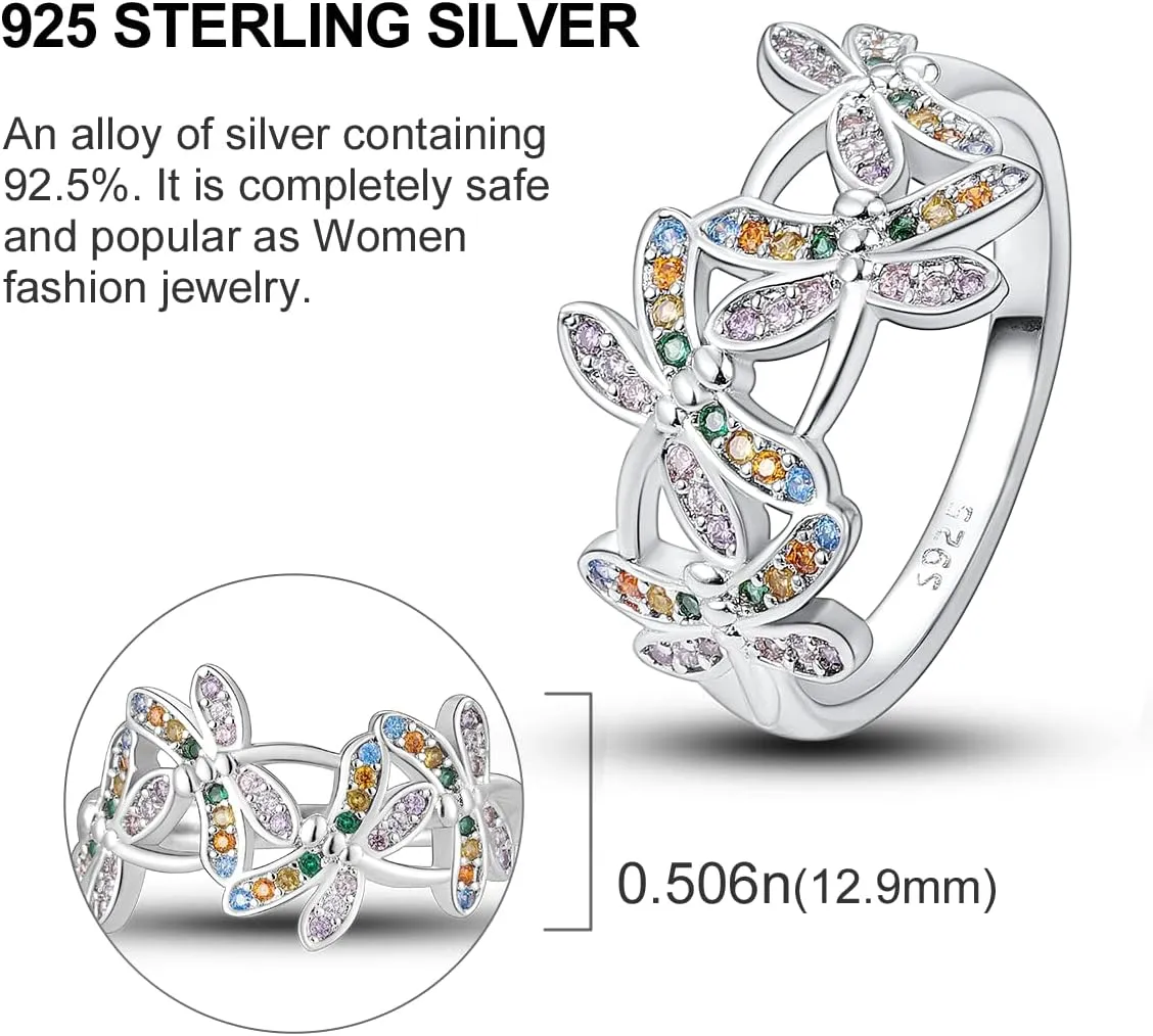Hapour 925 Sterling Silver Ring with Colorful Cubic Zirconia,Rainbow Dragonfly Rings for Women as Gifts Ring Size 6-9