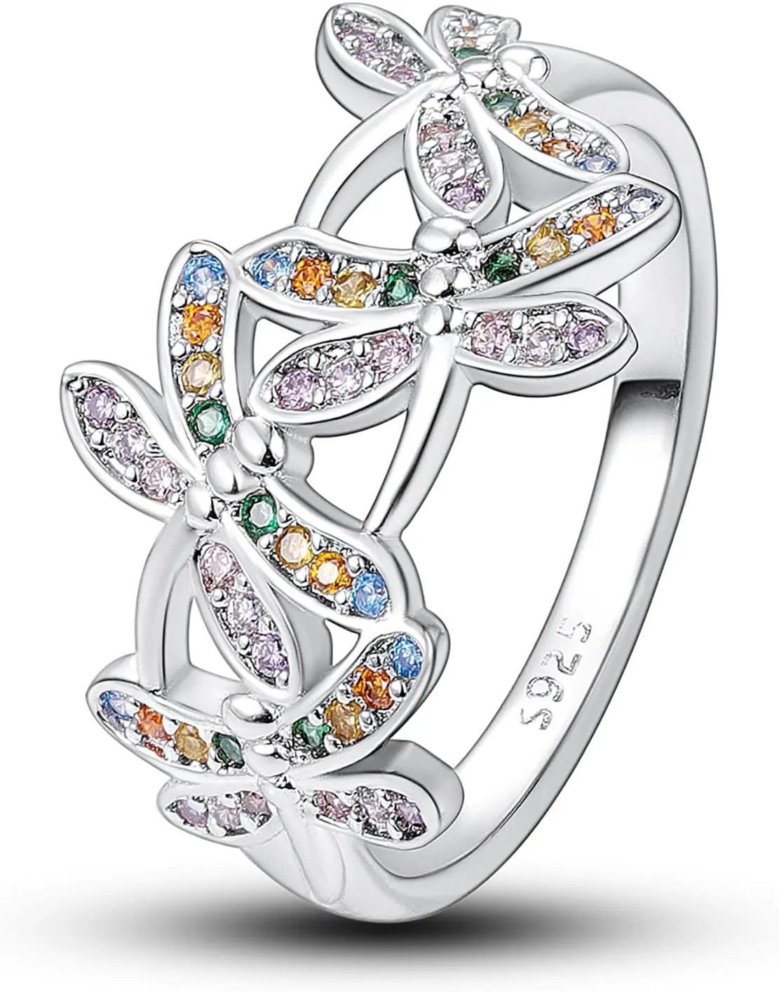 Hapour 925 Sterling Silver Ring with Colorful Cubic Zirconia,Rainbow Dragonfly Rings for Women as Gifts Ring Size 6-9