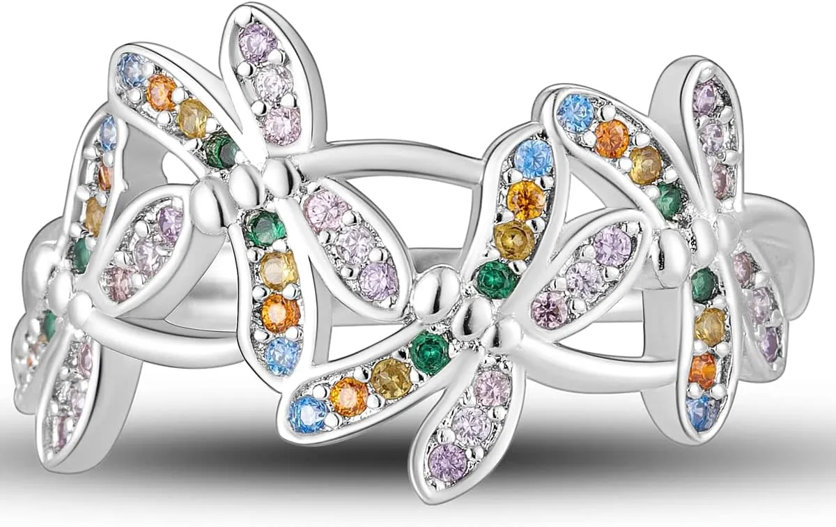 Hapour 925 Sterling Silver Ring with Colorful Cubic Zirconia,Rainbow Dragonfly Rings for Women as Gifts Ring Size 6-9