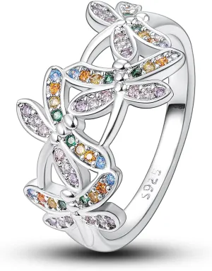 Hapour 925 Sterling Silver Ring with Colorful Cubic Zirconia,Rainbow Dragonfly Rings for Women as Gifts Ring Size 6-9