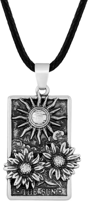 HAQUIL Vintage Antique Sun Floral Sunflower Rectangle Pendant Necklace, Faux Leather Cord, Vintage Jewelry Gift for Women