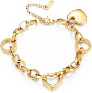 Heart Bracelets for Women, Stainless Steel Non Tarnish Gold Bracelet with Heart Pendant, Adjustable Lobster Clasp Gold Hand Chain, Trendy Jewelry Gifts for Women on Birthday Christmas