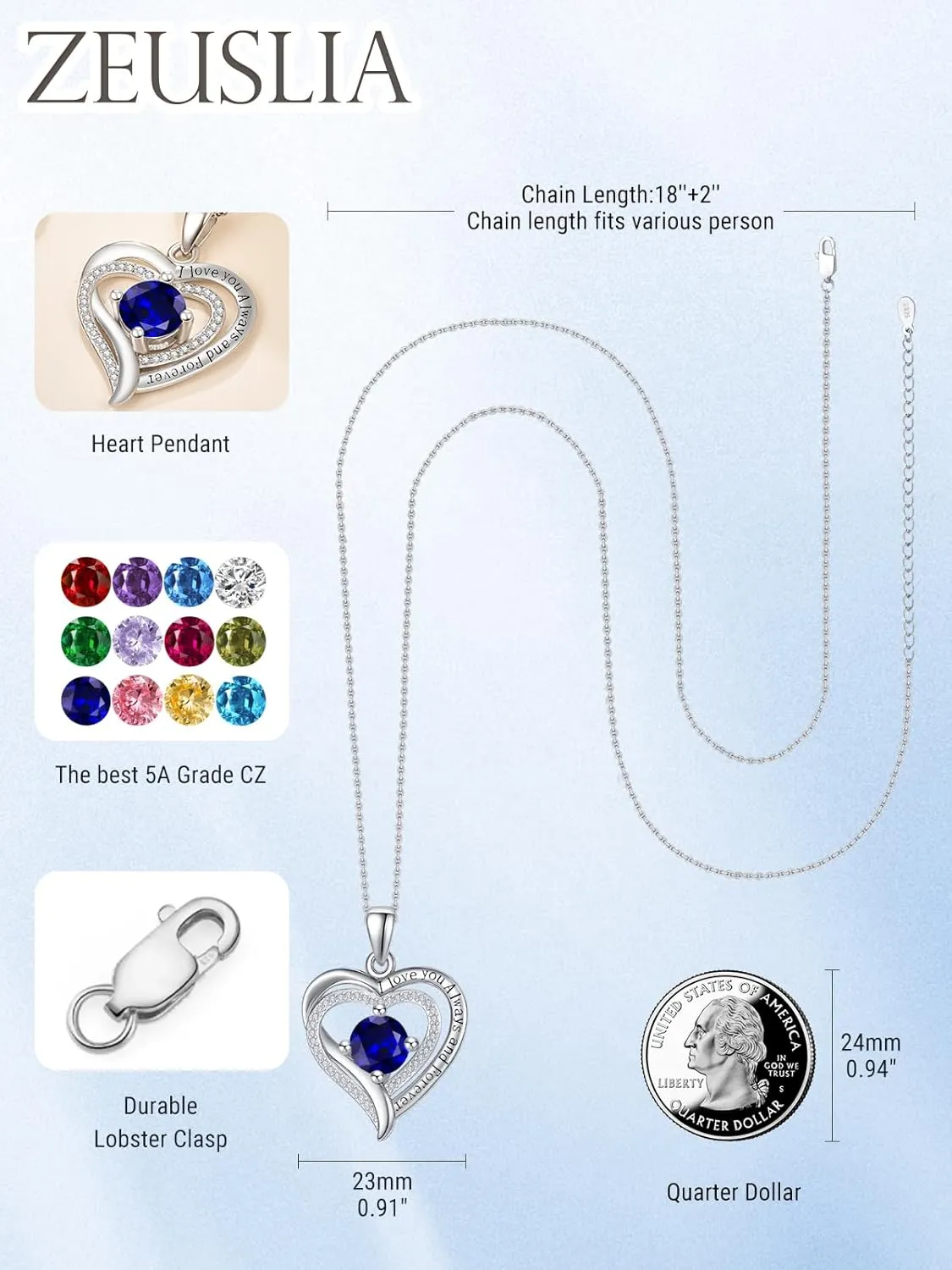Heart Necklaces for Women Mother, White Gold I Love You Always and Forever Jewelry with Birthstone Pendant, Anniversary Birthday Gifts for Her Wife Girlfriend, 18 2 Inch Chain