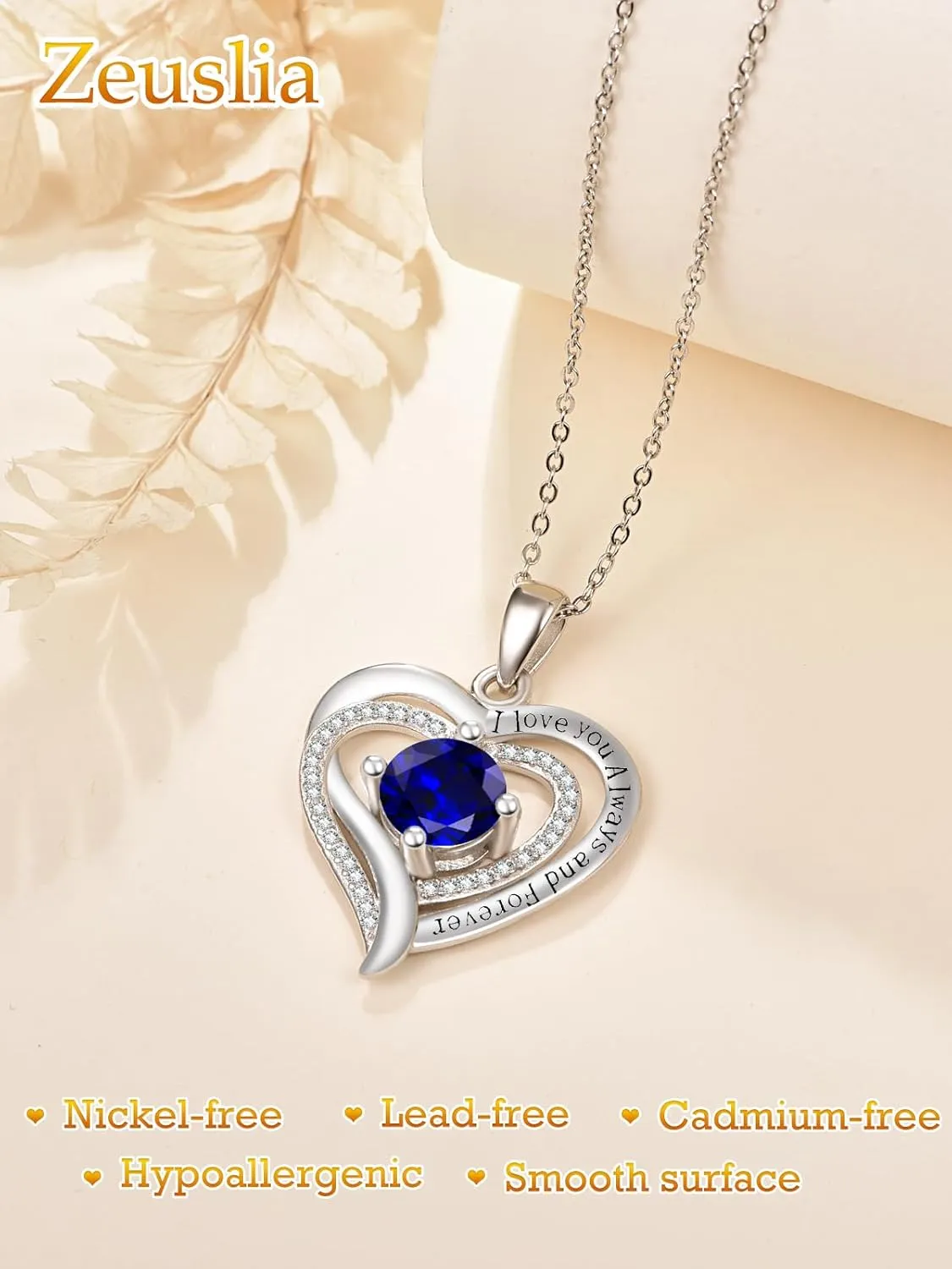 Heart Necklaces for Women Mother, White Gold I Love You Always and Forever Jewelry with Birthstone Pendant, Anniversary Birthday Gifts for Her Wife Girlfriend, 18 2 Inch Chain