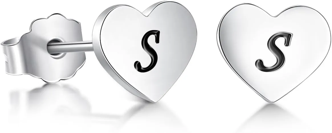 Heart Stud Earrings 7mm Heart Shaped with A-Z Letter Hypoallergenic Earrings for Women Girls Platinum Plated