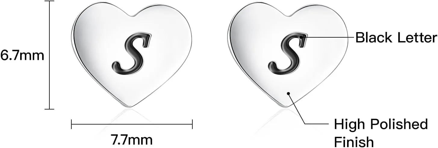 Heart Stud Earrings 7mm Heart Shaped with A-Z Letter Hypoallergenic Earrings for Women Girls Platinum Plated