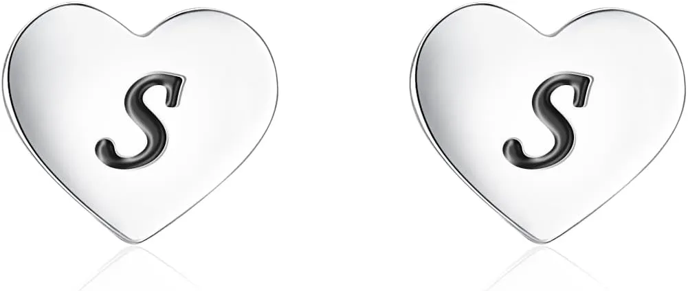 Heart Stud Earrings 7mm Heart Shaped with A-Z Letter Hypoallergenic Earrings for Women Girls Platinum Plated