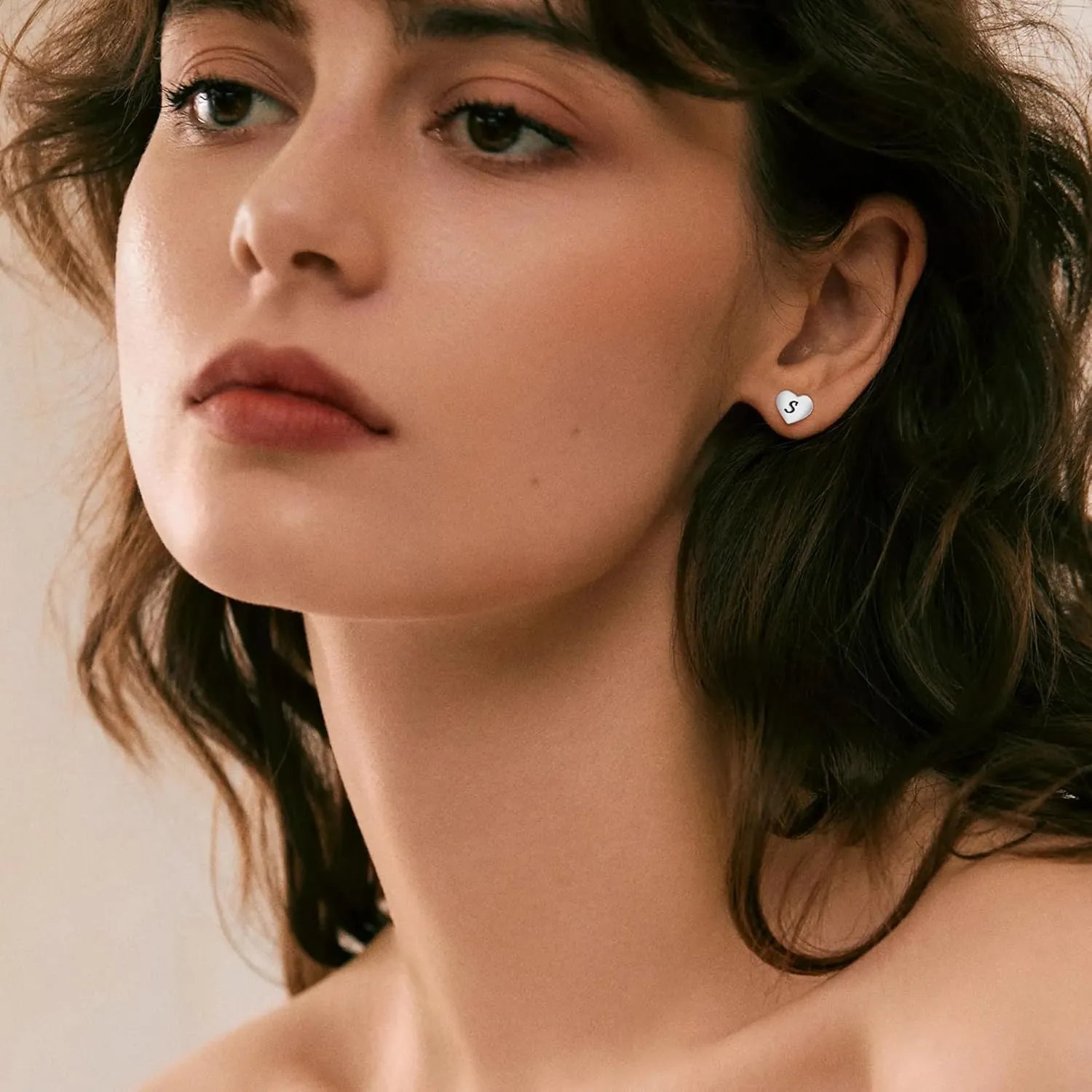 Heart Stud Earrings 7mm Heart Shaped with A-Z Letter Hypoallergenic Earrings for Women Girls Platinum Plated