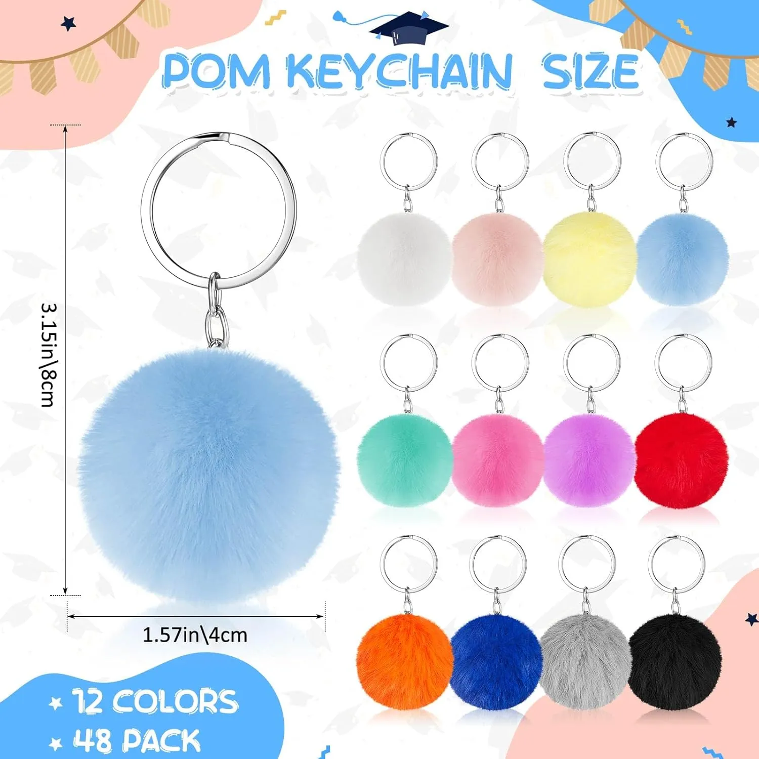 Henoyso 48 Pcs 2 x 3 Inches Acrylic Photo Frame Keychain with Colorful Fluffy Poms Graduation Insert Blanks Acrylic Picture Keychain Bulk for 2025 Graduation Teen High School Party