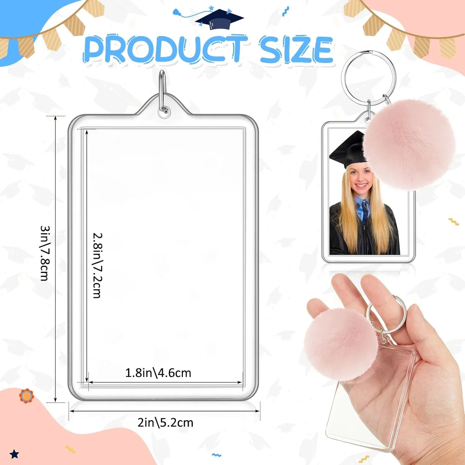 Henoyso 48 Pcs 2 x 3 Inches Acrylic Photo Frame Keychain with Colorful Fluffy Poms Graduation Insert Blanks Acrylic Picture Keychain Bulk for 2025 Graduation Teen High School Party