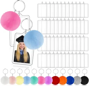 Henoyso 48 Pcs 2 x 3 Inches Acrylic Photo Frame Keychain with Colorful Fluffy Poms Graduation Insert Blanks Acrylic Picture Keychain Bulk for 2025 Graduation Teen High School Party