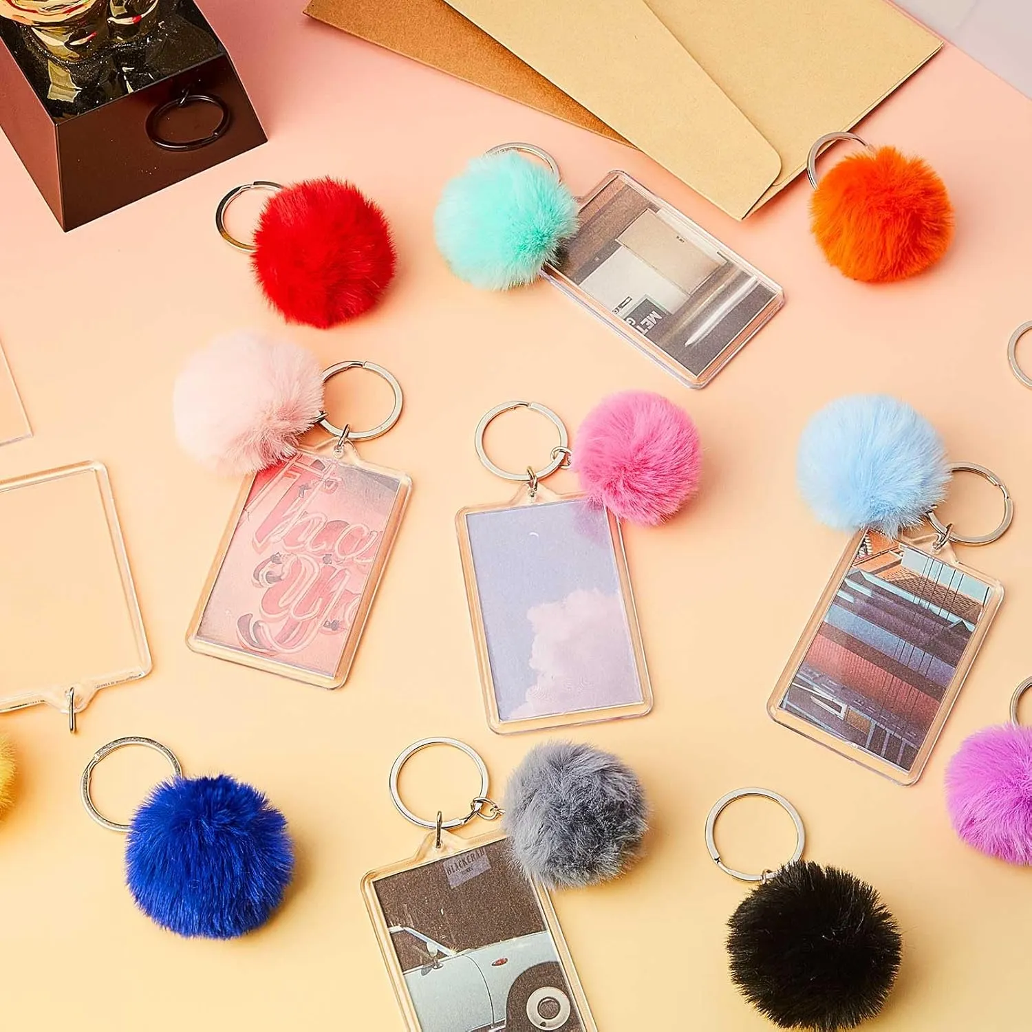 Henoyso 48 Pcs 2 x 3 Inches Acrylic Photo Frame Keychain with Colorful Fluffy Poms Graduation Insert Blanks Acrylic Picture Keychain Bulk for 2025 Graduation Teen High School Party
