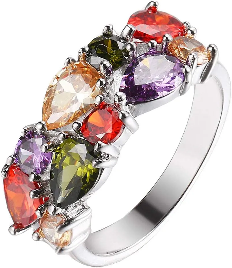 Hermosa Women's Band Rings, Women Sterling Silver Multi Gemstone Statement Open Rings with Amethyst Garnet Ruby Blue Sapphire