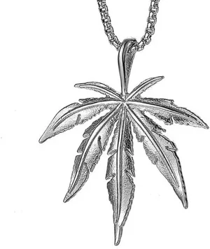 Hip Hop Black Stainless Steel Cannabis Weed Marijuana Leaf Pendant Necklace with 24 inch Chain