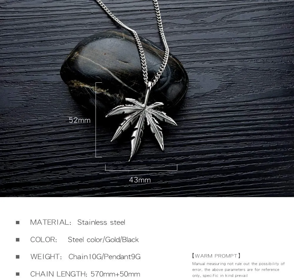 Hip Hop Black Stainless Steel Cannabis Weed Marijuana Leaf Pendant Necklace with 24 inch Chain