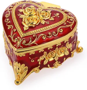 Hipiwe Heart Shape Jewelry Box Classic Metal Trinket Organizer Ring Storage Box with Rose Pattern Jewelry Storage Box for Ring Earrings Necklace, Gift for Women Girls, Red