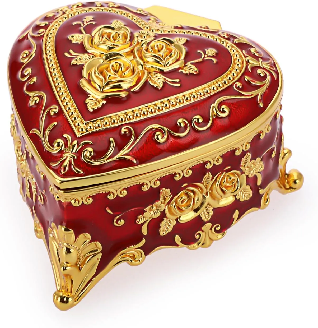 Hipiwe Heart Shape Jewelry Box Classic Metal Trinket Organizer Ring Storage Box with Rose Pattern Jewelry Storage Box for Ring Earrings Necklace, Gift for Women Girls, Red