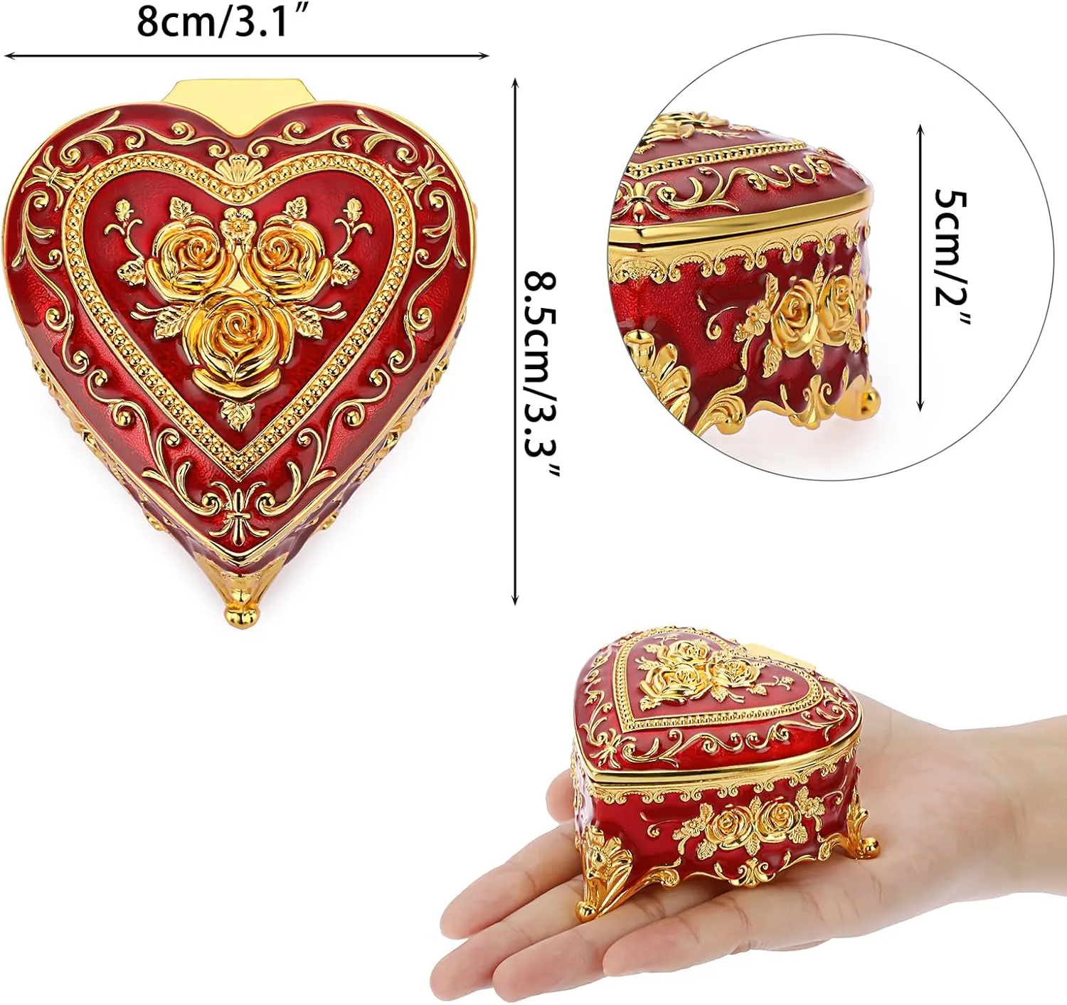 Hipiwe Heart Shape Jewelry Box Classic Metal Trinket Organizer Ring Storage Box with Rose Pattern Jewelry Storage Box for Ring Earrings Necklace, Gift for Women Girls, Red