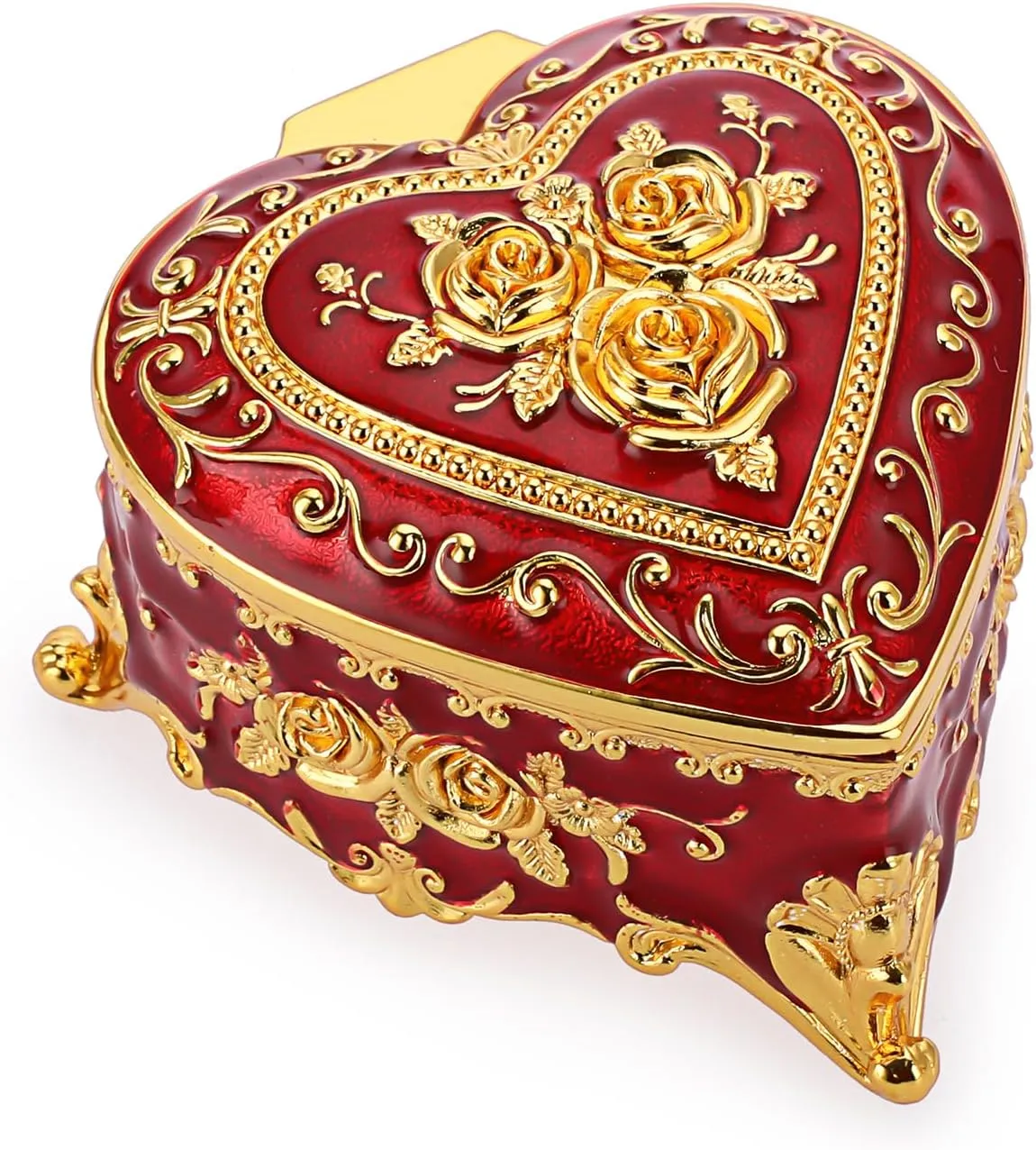 Hipiwe Heart Shape Jewelry Box Classic Metal Trinket Organizer Ring Storage Box with Rose Pattern Jewelry Storage Box for Ring Earrings Necklace, Gift for Women Girls, Red
