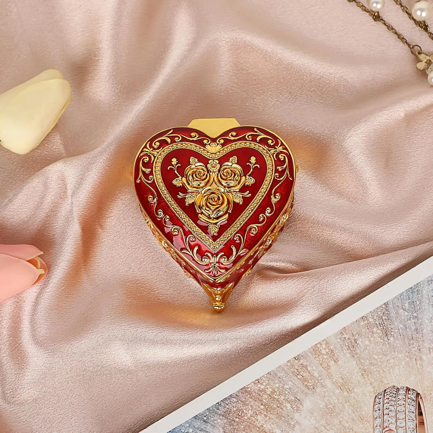 Hipiwe Heart Shape Jewelry Box Classic Metal Trinket Organizer Ring Storage Box with Rose Pattern Jewelry Storage Box for Ring Earrings Necklace, Gift for Women Girls, Red
